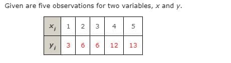 Given are five observations for two variables, x and y.
X; 1
2
3
4
6
6
12
13
