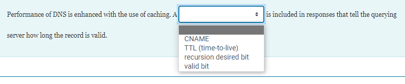 Performance of DNS is enhanced with the use of caching. A
is included in responses that tell the querying
server how long the record is valid.
CNAME
TTL (time-to-live)
recursion desired bit
valid bit
