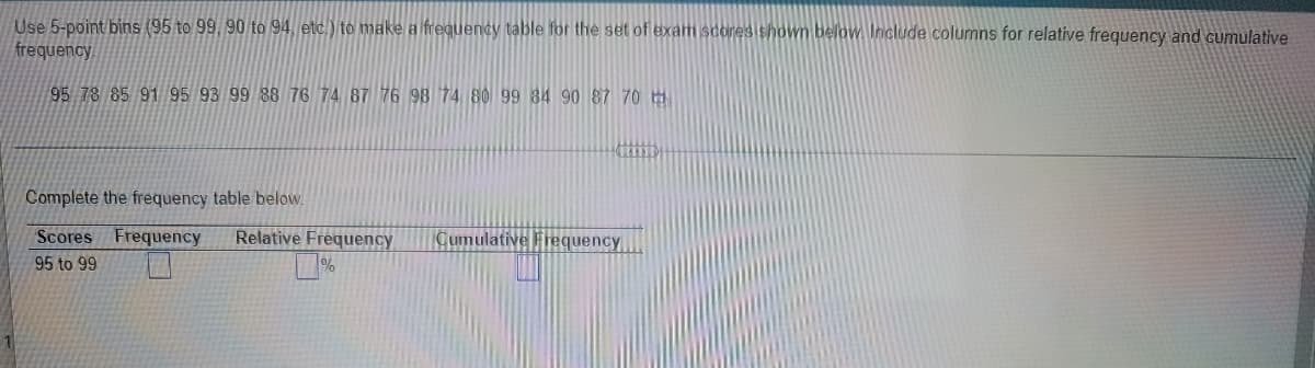Use 5-point bins (95 to 99, 90 to 94, etc.) to make a frequency table for the set of exam scores shown below. Include columns for relative frequency and cumulative
frequency
95 78 85 91 95 93 99 38 76 74 87 76 98 74 80 99 34 90 87 70
K
Complete the frequency table below.
Scores Frequency Relative Frequency
Cumulative Frequency
95 to 99