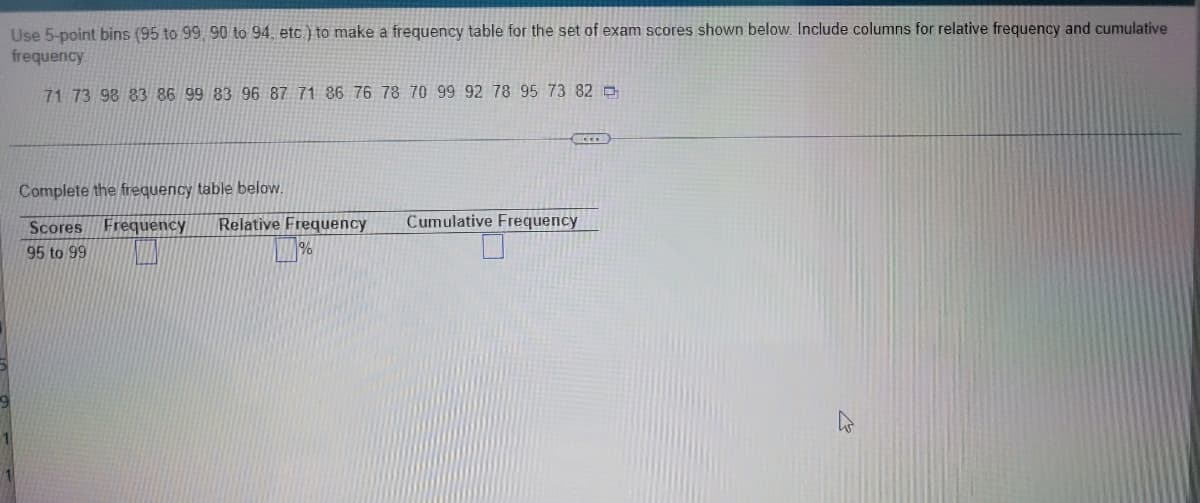 Use 5-point bins (95 to 99, 90 to 94, etc.) to make a frequency table for the set of exam scores shown below. Include columns for relative frequency and cumulative
frequency
71 73 98 83 86 99 83 96 87 71 86 76 78 70 99 92 78 95 73 82
Complete the frequency table below.
Scores Frequency Relative Frequency
Cumulative Frequency
95 to 99