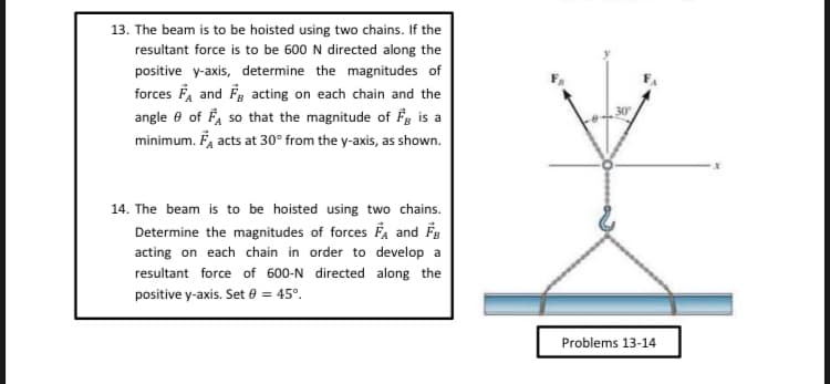 13. The beam is to be hoisted using two chains. If the
resultant force is to be 600 N directed along the
positive y-axis, determine the magnitudes of
forces F, and Fg acting on each chain and the
angle e of F, so that the magnitude of F, is a
minimum. F, acts at 30° from the y-axis, as shown.
14. The beam is to be hoisted using two chains.
Determine the magnitudes of forces Fa and Fs
acting on each chain in order to develop a
resultant force of 600-N directed along the
positive y-axis. Set e = 45°.
Problems 13-14
