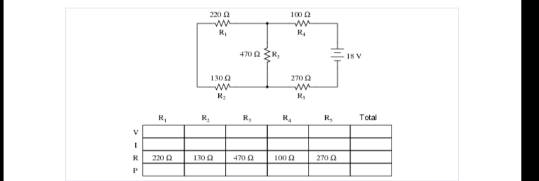 220 2
100 2
R,
R4
470 2 SR,
18 V
130 2
270 2
R2
R,
R,
R,
R.
R,
Total
V
R
220 2
130 2
470 2
100 2
270 2
P
