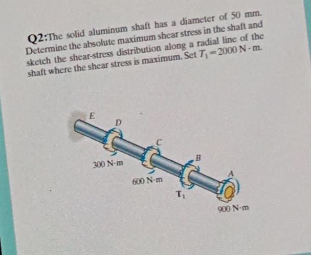 Q2:The solid aluminum shaft has a diameter of 50 mm.
Determine the absolute maximum shear stress in the shaft and
sketch the shear-stress distribution along a radial line of the
shaft where the shear stress is maximum. Set T=2000 N - m.
D
300 N-m
600 N-m
Ts
900 N-m
