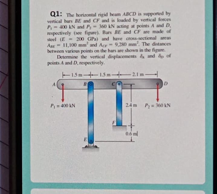 Q1: The horizontal rigid beam ABCD is supported by
vertical bars BE and CF and is loaded by vertical forces
P, 400 kN and P,
respectively (see figure). Bars BE and CF are made of
steel (E = 200 GPa) and have cross-sectional areas
ARE
between various points on the bars are shown in the figure.
Determine the vertical displacements & and ôp of
points A and D, respectively.
= 360 kN acting at points A and D,
%3D
11,100 mm and Acr
9,280 mm. The distances
15m 1.5 m 2.1 m-
B
D
P = 400 kN
2.4 m
P2 = 360 kN
F
0.6 ml
