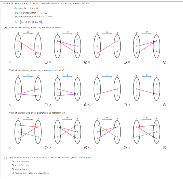 Let A- (2, 4) and B- (1, 3, 5) and define relations U, v, and W from A to B as followS.
For every (x, y) E AxB,
(x, y) EU means that y -x> 2,
(X, )EV means that y-1-
and
-{(2, 5), (4, 1). (2. 3).
(a) which of the following arraw diagrams could represent U?
0000
Which of the follawing arrow diagrams could represent V?
00 00
Which of the following arrow diagrams could represent W?
(b) Indicate whether any of the relations U, V, and W are functians. (Select all that apply.)
O Usa function.
O visa function.
O w is a function.
O None of the relations are functions.
