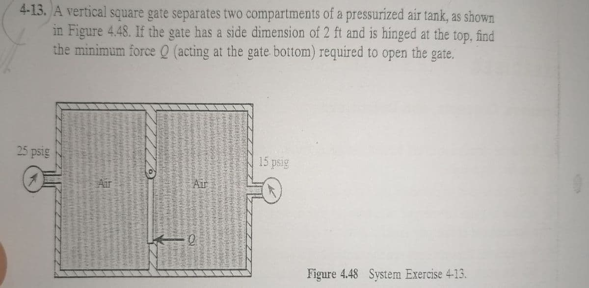 4-13. A vertical square gate separates two compartments of a pressurized air tank, as shown
in Figure 4.48. If the gate has a side dimension of 2 ft and is hinged at the top, find
the minimum force Q (acting at the gate bottom) required to open the gate.
25 psig
15 peg
Air
Air
Figure 4.48 System Exercise 4-13.
