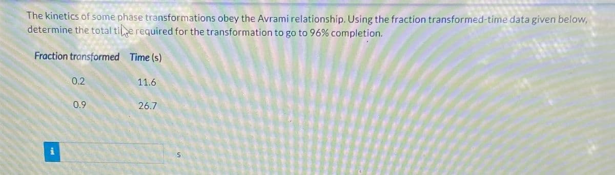 The kinetics of some phase transformations obey the Avrami relationship. Using the fraction transformed-time data given below,
determine the total tie required for the transformation to go to 96% completion.
Fraction transformed Time (s)
i
0.2
11.6
0.9
26.7
S