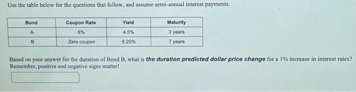 Use the table below for the questions that follow, and assume semi-annual interest payments.
Bond
A
B
Coupon Rate
6%
Zero coupon
Yield
4.5%
6.25%
Maturity
3 years
7 years
Based on your answer for the duration of Bond B, what is the duration predicted dollar price change for a 1% increase in interest rates?
Remember, positive and negative signs matter!