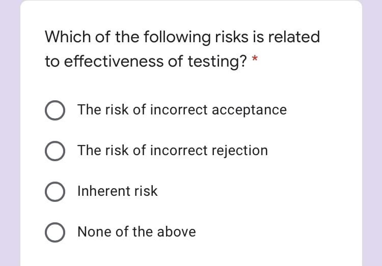 Which of the following risks is related
to effectiveness of testing?
O The risk of incorrect acceptance
The risk of incorrect rejection
Inherent risk
O None of the above
