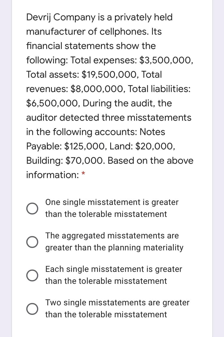 Devrij Company is a privately held
manufacturer of cellphones. Its
financial statements show the
following: Total expenses: $3,500,000,
Total assets: $19,500,000, Total
revenues: $8,000,000, Total liabilities:
$6,500,000, During the audit, the
auditor detected three misstatements
in the following accounts: Notes
Payable: $125,000, Land: $20,000,
Building: $70,000. Based on the above
information: *
One single misstatement is greater
than the tolerable misstatement
The aggregated misstatements are
greater than the planning materiality
Each single misstatement is greater
than the tolerable misstatement
Two single misstatements are greater
than the tolerable misstatement
