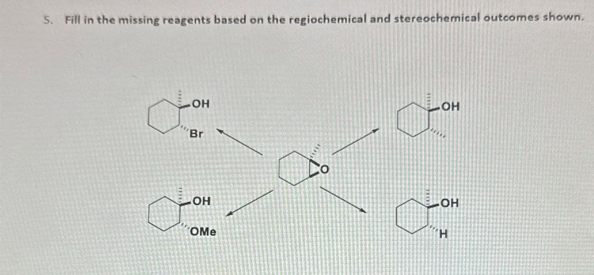 5. Fill in the missing reagents based on the regiochemical and stereochemical outcomes shown.
OH
'Br
OH
OH
.OH
OMe
H