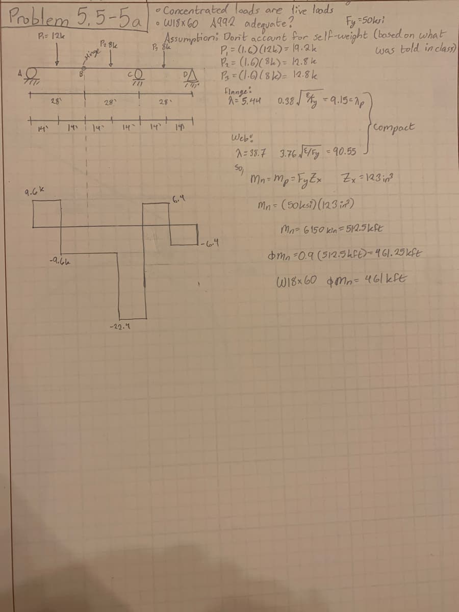 Problem 5,5-5a
P₁= 12k
А
+
+
14'
9.6k
Hinge
-9.66
P2 8k
c()
701
-22.4
Concentrated loads are live loads
• W18x60 A992 adequate?
Fy=50ksi
Assumption: Don't account for self-weight (based on what
Pg 8k
was told in class)
P₁= (1.6) (124)= 19.2k
P₂= (1.6) (8k) = 12.8k
P₁ = (1.6) (8k) = 12.8k
28'
+
+
+
141 14` 14` 14' 141
281
DA
6.4
-6.4
Flange:
A = 5.44
0.38√ = 9.15-2p
Web%
2=38.7 3.76 √2/Fy=90.55
So,
mn=mp=FyEx
Mn = (50ksi) (123 in)
Compact
Zx=123in²
Mn 6150 kin=512.5 kft
dmn -0.9 (512.5hft)-461.25 kft
W18x60 Mn = 46| kft