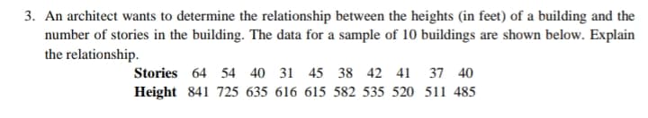 3. An architect wants to determine the relationship between the heights (in feet) of a building and the
number of stories in the building. The data for a sample of 10 buildings are shown below. Explain
the relationship.
Stories 64 54 40 31 45 38 42 41
37 40
Height 841 725 635 616 615 582 535 520 511 485
