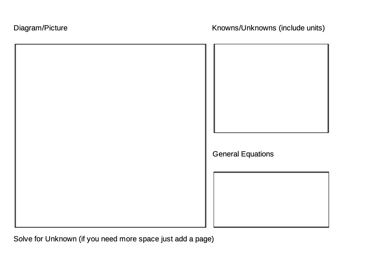 ### Understanding and Solving Physics Problems

#### Diagram/Picture
*Insert any relevant diagram or picture here to visually represent the physical problem.*

#### Knowns/Unknowns (include units)
*List all given values in the problem (knowns) and all values you need to find (unknowns), including their respective units.*

#### General Equations
*Include all relevant equations that are generally used to solve the type of problem presented. For example:*

- Equation 1: \( F = ma \) (Force = mass × acceleration)
- Equation 2: \( v = u + at \) (Final velocity = initial velocity + acceleration × time)
- Equation 3: \( s = ut + \frac{1}{2}at^2 \) (Displacement = initial velocity × time + 0.5 × acceleration × time²)

#### Solve for Unknown (if you need more space just add a page)
*Step-by-step solution:*

1. **Identify the known values** provided in the problem.
2. **Choose the applicable equation** that includes the unknown variable.
3. **Substitute the known values** into the equation.
4. **Solve for the unknown value** by performing the necessary algebraic steps.

*If additional space is required, continue the solution on another page.*

---

This structured layout ensures a clear and methodical approach to solving physics problems, which aids in understanding and verifying each step of the process.