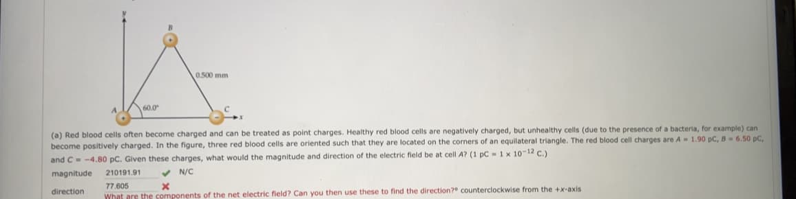 60.0
0.500 mm
(a) Red blood cells often become charged and can be treated as point charges. Healthy red blood cells are negatively charged, but unhealthy cells (due to the presence of a bacteria, for example) can
become positively charged. In the figure, three red blood cells are oriented such that they are located on the corners of an equilateral triangle. The red blood cell charges are A = 1.90 pC, B = 6.50 PC,
and C= -4.80 pC. Given these charges, what would the magnitude and direction of the electric field be at cell A? (1 pC= 1 x 10-12 C.)
magnitude
210191.91
✓N/C
X
77.605
direction
What are the components of the net electric field? Can you then use these to find the direction?" counterclockwise from the +x-axis