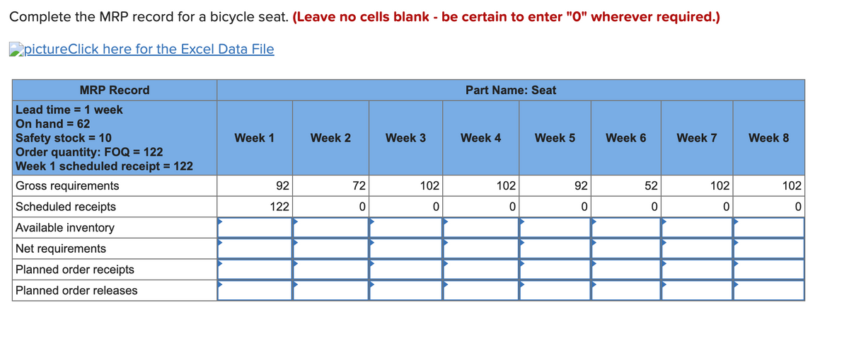 Complete the MRP record for a bicycle seat. (Leave no cells blank - be certain to enter "0" wherever required.)
pictureClick here for the Excel Data File
MRP Record
Lead time = 1 week
On hand = 62
Safety stock = 10
Order quantity: FOQ = 122
Week 1 scheduled receipt = 122
Gross requirements
Scheduled receipts
Available inventory
Net requirements
Planned order receipts
Planned order releases
Week 1
92
122
Week 2
72
O
Week 3
102
0
Part Name: Seat
Week 4
102
0
Week 5
92
0
Week 6
52
0
Week 7
102
0
Week 8
102
0