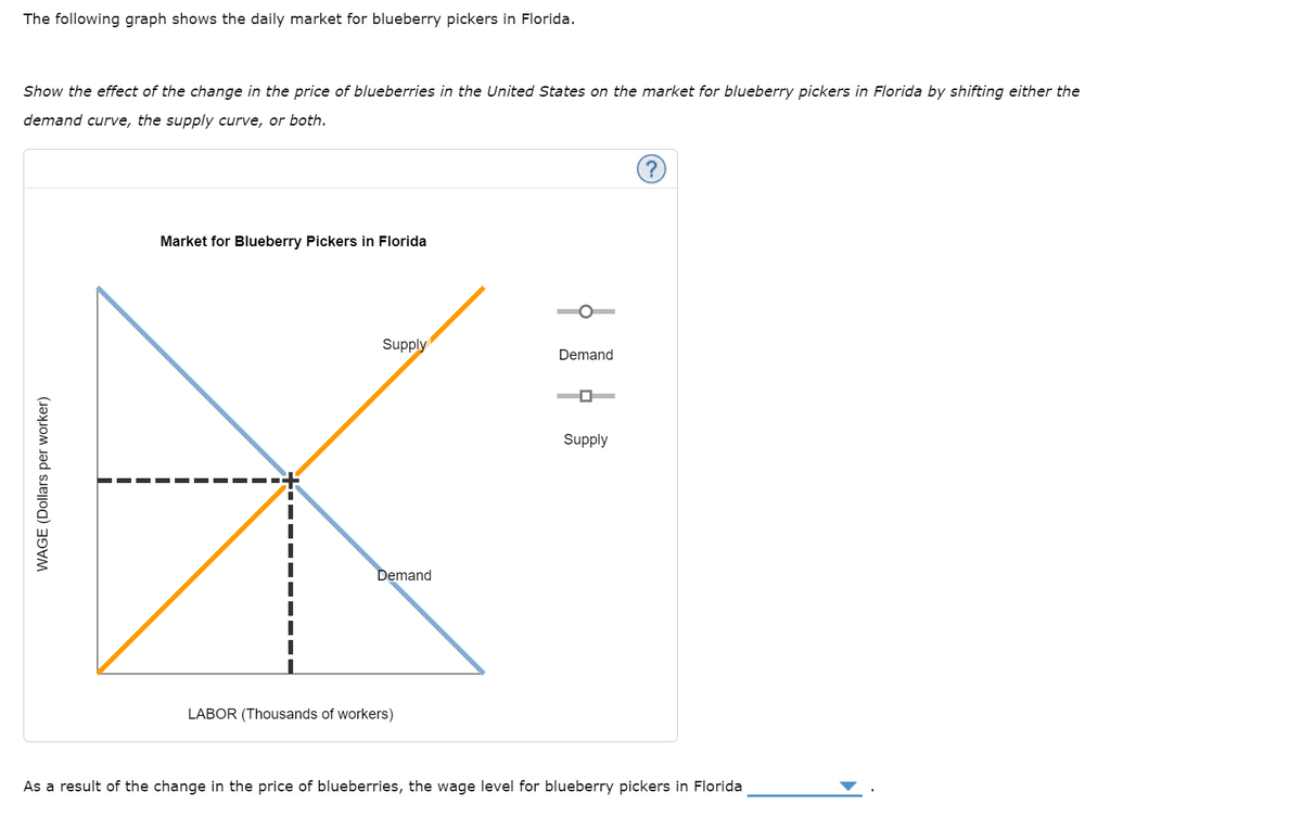 The following graph shows the daily market for blueberry pickers in Florida.
Show the effect of the change in the price of blueberries in the United States on the market for blueberry pickers in Florida by shifting either the
demand curve, the supply curve, or both.
WAGE (Dollars per worker)
Market for Blueberry Pickers in Florida
Supply
Demand
LABOR (Thousands of workers)
Demand
Supply
As a result of the change in the price of blueberries, the wage level for blueberry pickers in Florida