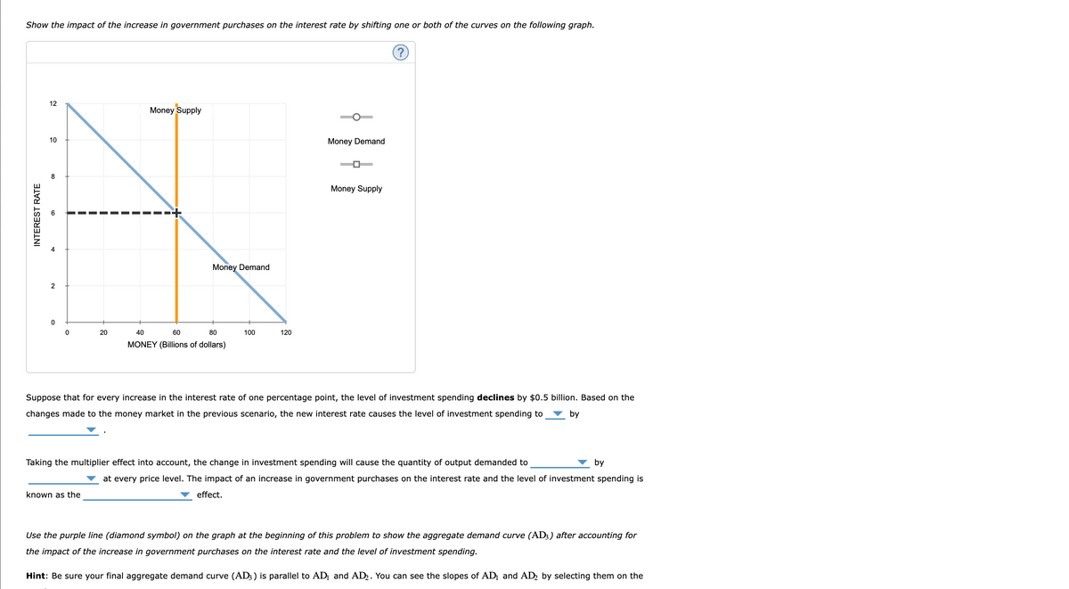 Show the impact of the increase in government purchases on the interest rate by shifting one or both of the curves on the following graph.
INTEREST RATE
12
10
8
2
0
0
20
Money Supply
known as the
Money Demand
40
60
80
MONEY (Billions of dollars)
100
120
=
Money Demand
Money Supply
?
Suppose that for every increase in the interest rate of one percentage point, the level of investment spending declines by $0.5 billion. Based on the
changes made to the money market in the previous scenario, the new interest rate causes the level of investment spending to
by
Taking the multiplier effect into account, the change in investment spending will cause the quantity of output demanded to
by
at every price level. The impact of an increase in government purchases on the interest rate and the level of investment spending is
effect.
Use the purple line (diamond symbol) on the graph at the beginning of this problem to show the aggregate demand curve (AD3) after accounting for
the impact of the increase in government purchases on the interest rate and the level of investment spending.
Hint: Be sure your final aggregate demand curve (AD3) is parallel to AD₁ and AD₂. You can see the slopes of AD₁ and AD₂ by selecting them on the