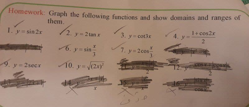 Homework: Graph the following functions and show domains and ranges of
them.
1+ cos2x
1. y = sin 2x
2. y= 2 tan x
3. y= cot3x
4. y=
2
6. y= sin
3
7. y= 2cos
COSX COS
9. y= 2secx
10. y= (2x)
sin
COSX
