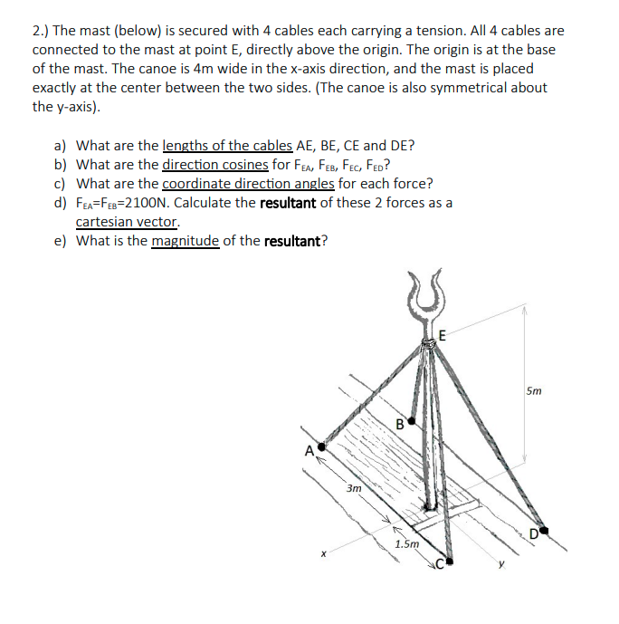 2.) The mast (below) is secured with 4 cables each carrying a tension. All 4 cables are
connected to the mast at point E, directly above the origin. The origin is at the base
of the mast. The canoe is 4m wide in the x-axis direction, and the mast is placed
exactly at the center between the two sides. (The canoe is also symmetrical about
the y-axis).
a) What are the lengths of the cables AE, BE, CE and DE?
b) What are the direction cosines for FEA, FEB, FEc, FED?
c) What are the coordinate direction angles for each force?
d) FEA=FEB=2100N. Calculate the resultant of these 2 forces as a
cartesian vector.
e) What is the magnitude of the resultant?
5m
B
A
3m
D
1.5m
