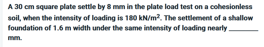 A 30 cm square plate settle by 8 mm in the plate load test on a cohesionless
soil, when the intensity of loading is 180 kN/m². The settlement of a shallow
foundation of 1.6 m width under the same intensity of loading nearly
mm.