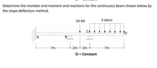 Determine the member end moment and reactions for the continuous beam shown below by
the slope-deflection method.
20 kN
5 kN/m
A
-2m -- 2m-
El = Constant
-7m
-7m
