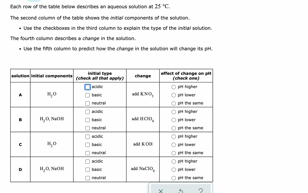 **Understanding pH Changes in Aqueous Solutions at 25°C**

Each row of the table below describes an aqueous solution at 25°C. 

The second column of the table shows the initial components of the solution. 
- Use the checkboxes in the third column to explain the type of the initial solution.

The fourth column describes a change in the solution.
- Use the fifth column to predict how the change in the solution will change its pH.

| solution | initial components | initial type (check all that apply) | change | effect of change on pH (check one) |
|----------|---------------------|-----------------------------------|---------|------------------------------------|
| A        | H₂O                 | □ acidic<br>□ basic<br>☑ neutral | add KNO₃ | ○ pH higher<br>○ pH lower<br>○ pH the same |
| B        | H₂O, NaOH           | □ acidic<br>☑ basic<br>□ neutral | add HClO₄ | ○ pH higher<br>☑ pH lower<br>○ pH the same |
| C        | H₂O                 | □ acidic<br>☑ basic<br>□ neutral | add KOH | ○ pH higher<br>○ pH lower<br>☑ pH the same |
| D        | H₂O, NaOH           | □ acidic<br>☑ basic<br>□ neutral | add NaClO₄ | ○ pH higher<br>○ pH lower<br>☑ pH the same |