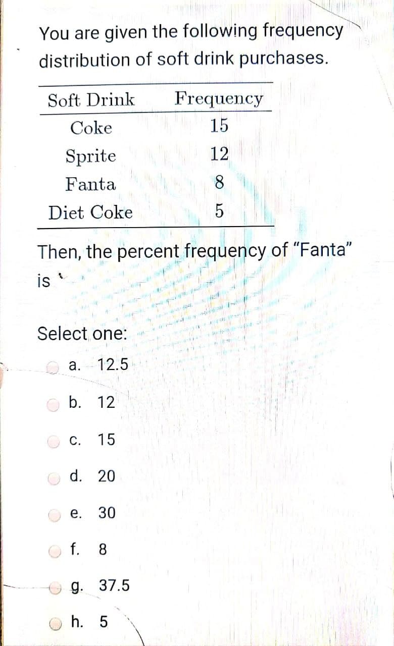 You are given the following frequency
distribution of soft drink purchases.
Soft Drink
Frequency
Coke
15
Sprite
12
Fanta
8.
Diet Coke
Then, the percent frequency of "Fanta"
is
Select one:
O a.
12.5
O b. 12
С.
15
d. 20
е.
30
f. 8
g. 37.5
h. 5
