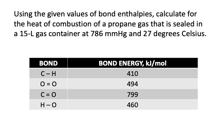 Using the given values of bond enthalpies, calculate for
the heat of combustion of a propane gas that is sealed in
a 15-L gas container at 786 mmHg and 27 degrees Celsius.
BOND
C-H
O=0
C = O
H-O
BOND ENERGY, kJ/mol
410
494
799
460