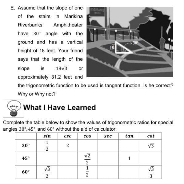 E. Assume that the slope of one
WERBANS
of the stairs in Marikina
Riverbanks
Amphitheater
have 30° angle with the
ground and has a vertical
30
18
height of 18 feet. Your friend
says that the length of the
slope
is
18V3
or
approximately 31.2 feet and
the trigonometric function to be used is tangent function. Is he correct?
Why or Why not?
o What I Have Learned
Complete the table below to show the values of trigonometric ratios for special
angles 30°, 45°, and 60° without the aid of calculator.
sin
cos
sec
tan
cot
csc
1
30°
V3
45°
1
2
V3
1
V3
60°
2
2
3
