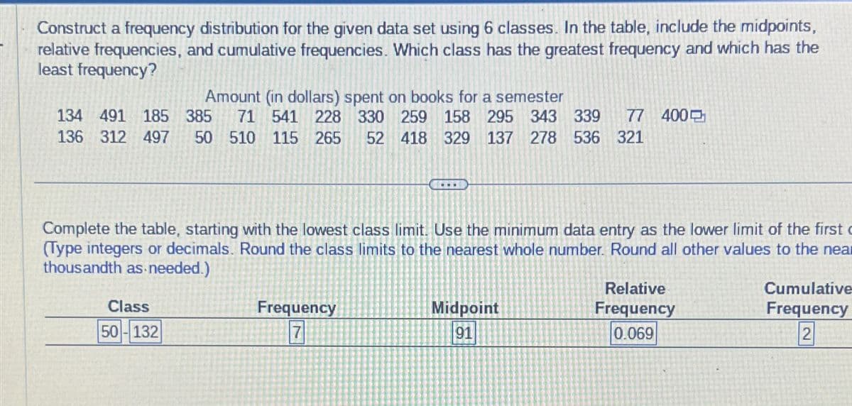 Construct a frequency distribution for the given data set using 6 classes. In the table, include the midpoints,
relative frequencies, and cumulative frequencies. Which class has the greatest frequency and which has the
least frequency?
Amount (in dollars) spent on books for a semester
134 491 185 385 71 541 228 330 259 158 295 343 339 77 400
136 312 497 50 510 115 265 52 418 329 137 278 536 321
Complete the table, starting with the lowest class limit. Use the minimum data entry as the lower limit of the first
(Type integers or decimals. Round the class limits to the nearest whole number. Round all other values to the near
thousandth as needed.)
Class
50-132
www
Frequency
7
Midpoint
91
Relative
Frequency
0.069
Cumulative
Frequency
2