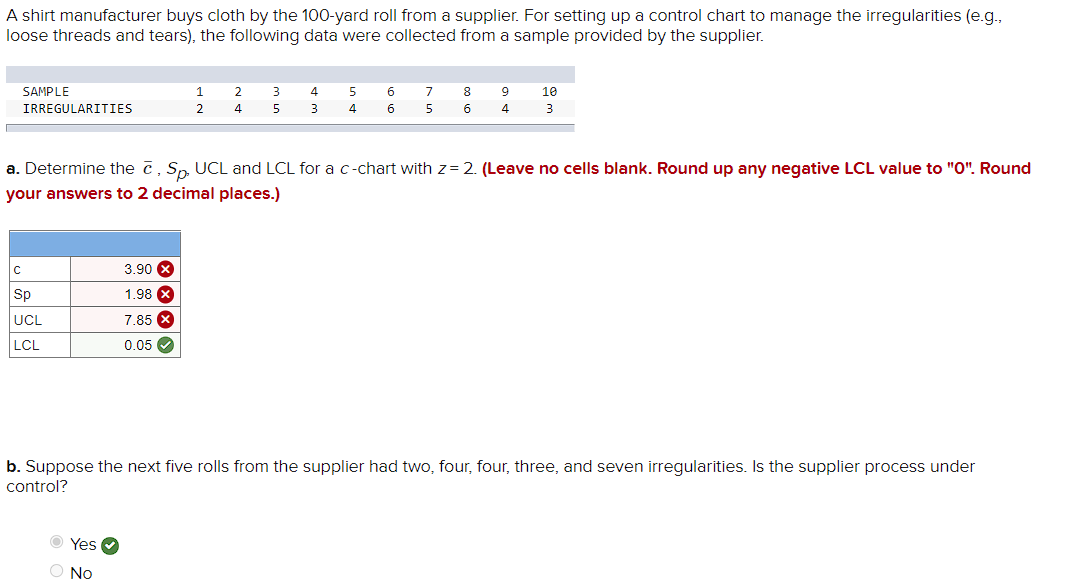 A shirt manufacturer buys cloth by the 100-yard roll from a supplier. For setting up a control chart to manage the irregularities (e.g.,
loose threads and tears), the following data were collected from a sample provided by the supplier.
SAMPLE
IRREGULARITIES
с
Sp
UCL
LCL
1
2
3.90 X
1.98 x
7.85 X
0.05
Yes
No
2
4
3
5
4
3
5
4
6
6
7
5
8
6
a. Determine the c, Sp, UCL and LCL for a c-chart with z= 2. (Leave no cells blank. Round up any negative LCL value to "0". Round
your answers to 2 decimal places.)
9
4
10
3
b. Suppose the next five rolls from the supplier had two, four, four, three, and seven irregularities. Is the supplier process under
control?