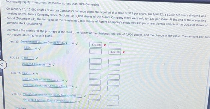 Journalizing Equity Investment Transactions; less than 20% Ownership
On January 23, 15,000 shares of Aurora Company's common stock are acquired at a price of $25 per share. On April 12, a $0.50-per-share dividend was
received on the Aurora Company stock. On June 10, 6,000 shares of the Aurora Company stock were sold for $31 per share. At the end of the accounting
period (December 31), the fair value of the remaining 9,000 shares of Aurora Company's stock was $30 per share. Aurora Company has 200,000 shares of
common stock outstanding.
Journalize the entries for the purchase of the stock, the receipt of the dividends, the sale of 6,000 shares, and the change in fair value. If an amount box does
not require an entry, leave it blank.
Jan. 23 Investments-Aurora Company Stock
Cash ✓
Apr. 12 Cash
Dividend Revenue
✓
Gain on Sale of Investments
Investments-Aurora Company Stock
June 10 Cash
✓
Dec. 31 Valuation Allowance for Equity Investments
Unrealized Gain on Equity Investments
Feedback
375,150 X
00000
375,150 X
☐☐☐