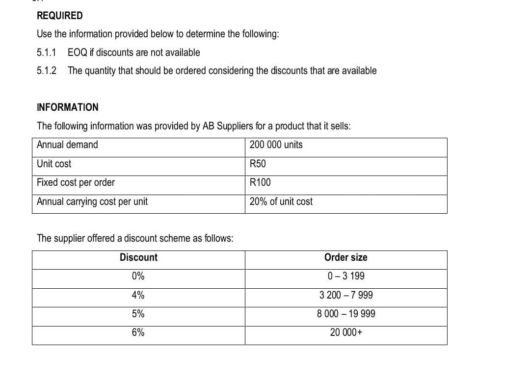 REQUIRED
Use the information provided below to determine the following:
5.1.1 EOQ if discounts are not available
5.1.2 The quantity that should be ordered considering the discounts that are available
INFORMATION
The following information was provided by AB Suppliers for a product that it sells:
Annual demand
200 000 units
Unit cost
R50
Fixed cost per order
R100
Annual carrying cost per unit
20% of unit cost
The supplier offered a discount scheme as follows:
Discount
0%
4%
5%
6%
Order size
0-3 199
3 200- 7 999
8 000 - 19 999
20 000+