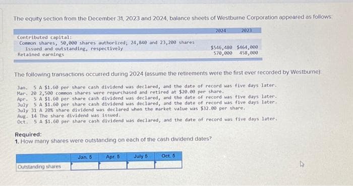 The equity section from the December 31, 2023 and 2024, balance sheets of Westburne Corporation appeared as follows:
Contributed capital:
Common shares, 50,000 shares authorized; 24,840 and 23,200 shares
issued and outstanding, respectively
Retained earnings
Required:
1. How many shares were outstanding on each of the cash dividend dates?
Outstanding shares
The following transactions occurred during 2024 (assume the retirements were the first ever recorded by Westburne)
Jan. 5 A $1.60 per share cash dividend was declared, and the date of record was five days later.
Mar. 20 2,500 common shares were repurchased and retired at $20.00 per share.
Apr. 5 A $1.60 per share cash dividend was declared, and the date of record was five days later.
July 5 A $1.60 per share cash dividend was declared, and the date of record was five days later.
July 31 A 20% share dividend was declared when the market value was $32.00 per share.
Aug. 14 The share dividend was issued.
Oct. 5 A $1.60 per share cash dividend was declared, and the date of record was five days later.
Jan. 5
Apr. 5
July 5
2024
Oct. 5
2023
$546,480 $464,000
570,000 458,000
4