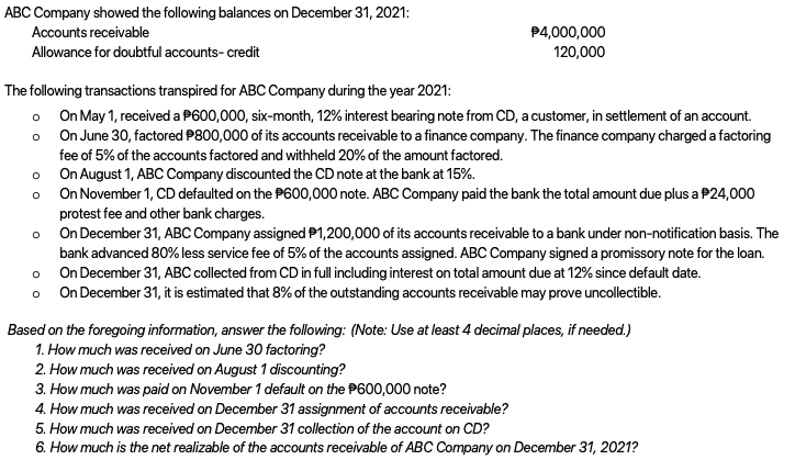 ABC Company showed the following balances on December 31, 2021:
Accounts receivable
P4,000,000
Allowance for doubtful accounts- credit
120,000
The following transactions transpired for ABC Company during the year 2021:
o On May 1, received a P600,000, six-month, 12% interest bearing note from CD, a customer, in settlement of an account.
o On June 30, factored P800,000 of its accounts receivable to a finance company. The finance company charged a factoring
fee of 5% of the accounts factored and withheld 20% of the amount factored.
On August 1, ABC Company discounted the CD note at the bank at 15%.
On November 1, CD defaulted on the P600,000 note. ABC Company paid the bank the total amount due plus a P24,000
protest fee and other bank charges.
On December 31, ABC Company assigned P1,200,000 of its accounts receivable to a bank under non-notification basis. The
bank advanced 80% less service fee of 5% of the accounts assigned. ABC Company signed a promissory note for the loan.
On December 31, ABC collected from CD in full including interest on total amount due at 12% since default date.
o On December 31, it is estimated that 8% of the outstanding accounts receivable may prove uncollectible.
Based on the foregoing information, answer the following: (Note: Use at least 4 decimal places, if needed.)
1. How much was received on June 30 factoring?
2. How much was received on August 1 discounting?
3. How much was paid on November 1 default on the P600,000 note?
4. How much was received on December 31 assignment of accounts receivable?
5. How much was received on December 31 collection of the account on CD?
6. How much is the net realizable of the accounts receivable of ABC Company on December 31, 2021?
