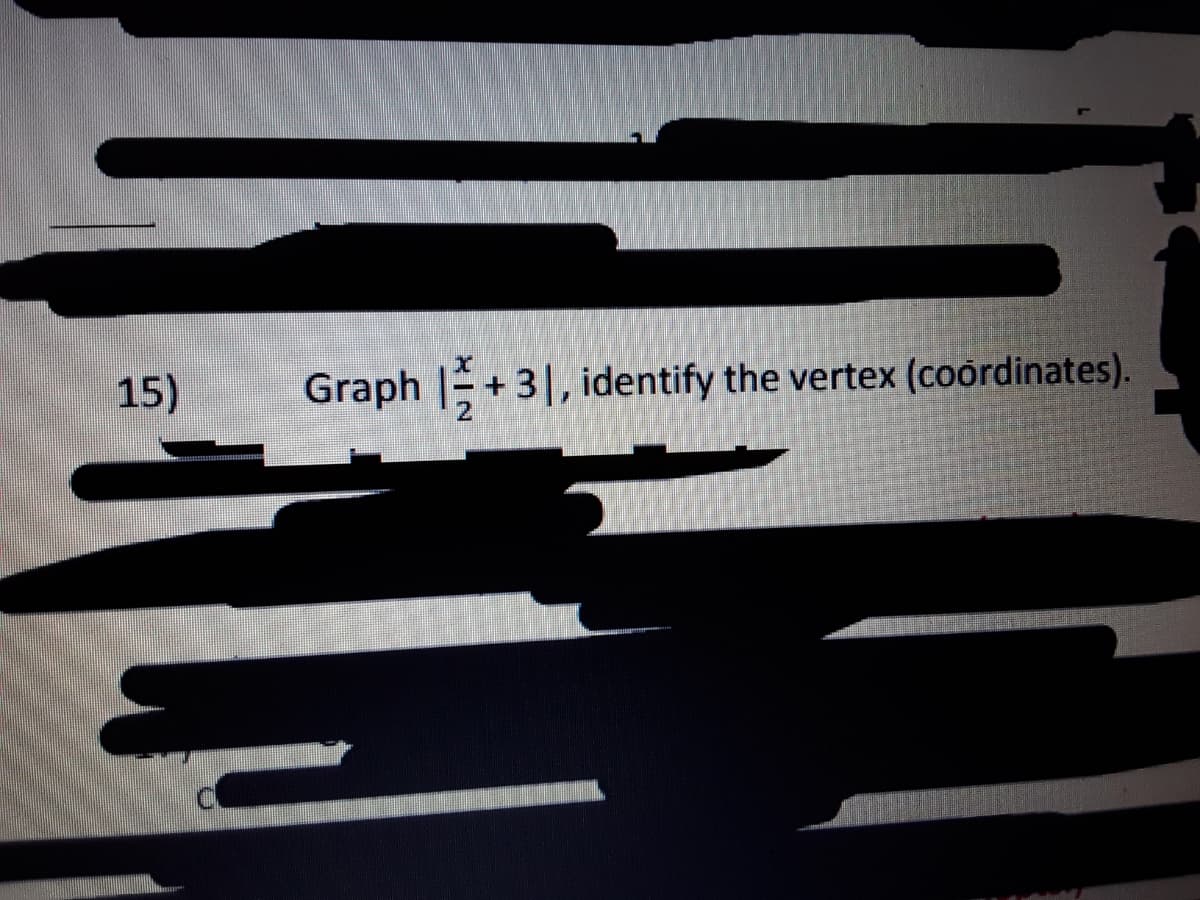 15)
Graph +3|, identify the vertex (coordinates).
