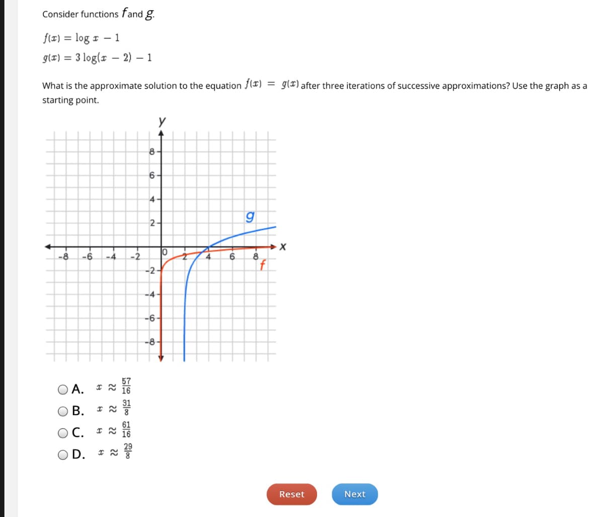 ### Functions and Graph Approximation

**Consider functions \( f \) and \( g \):**

\[ f(x) = \log{x} - 1 \]
\[ g(x) = 3\log(x - 2) - 1 \]

**Question:**

What is the approximate solution to the equation \( f(x) = g(x) \) after three iterations of successive approximations? Use the graph as a starting point.

**Graph Explanation:**

The graph provided shows two functions:
- The function \( f(x) = \log{x} - 1 \), which is plotted in red.
- The function \( g(x) = 3\log(x - 2) - 1 \), which is plotted in blue.

Both functions are plotted on a coordinate plane with the x-axis and y-axis ranging from -8 to 8. The functions intersect at certain points, showing the solutions to the equation \( f(x) = g(x) \).

**Options for the approximate solution:**

- \( \text{A. } x \approx \frac{57}{16} \)
- \( \text{B. } x \approx \frac{31}{8} \)
- \( \text{C. } x \approx \frac{61}{16} \)
- \( \text{D. } x \approx \frac{29}{8} \)

**Buttons:**

- Reset
- Next

The graph should be examined carefully to approximate the x-coordinate at which the two functions intersect. This intersection represents the solution to the equation \( f(x) = g(x) \) after three iterations of successive approximations. The given options are possible solutions to the equation based on graphical insight.