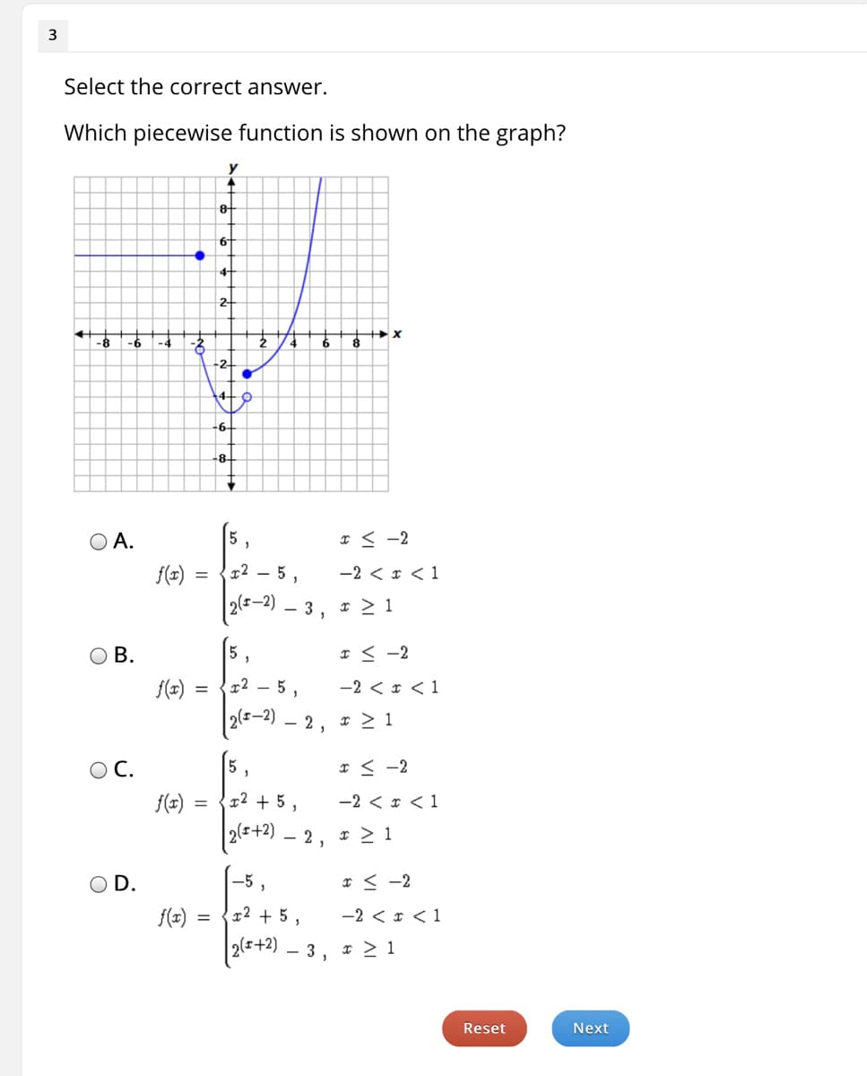 **Question 3:**

**Select the correct answer.**

**Which piecewise function is shown on the graph?**

[Image Description]
*A graph shows a piecewise function consisting of three distinct parts:*
 
- The first part is a constant function equal to 5 for \( x \leq -2 \). It is represented by a horizontal line at \( y = 5 \) with a closed circle at the point \((-2, 5)\).
- The second part is the function \( x^2 - 5 \) for \( -2 < x < 1 \). This part is shown as a parabola opening upwards, starting from \( x = -2 \) (open circle at \((-2, -1)\)) to \( x = 1 \) (open circle at \((1, -4)\)).
- The third part is the function \( 2(x-2) - 3 \) for \( x \geq 1 \). It is represented by a linear line starting from the point \((1, -3)\) (closed circle) and increasing linearly.

[Answer Options]
A. 
\[ 
f(x) = 
\begin{cases} 
5, & x \leq -2 \\
x^2 - 5, & -2 < x < 1 \\
2(x - 2) - 3, & x \geq 1 
\end{cases}
\]

B.
\[ 
f(x) = 
\begin{cases} 
5, & x \leq -2 \\
x^2 - 5, & -2 < x < 1 \\
2(x - 2) - 2, & x \geq 1 
\end{cases}
\]

C.
\[ 
f(x) = 
\begin{cases} 
5, & x \leq -2 \\
x^2 + 5, & -2 < x < 1 \\
2(x + 2) - 2, & x \geq 1 
\end{cases}
\]

D.
\[ 
f(x) = 
\begin{cases} 
-5, & x \leq -2 \\
x^2 + 5, & -2 < x < 1 \\
2(x + 2) - 3, & x \geq