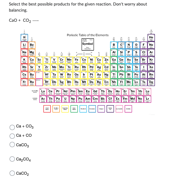 Select the best possible products for the given reaction. Don't worry about
balancing.
CaO + CO2 —
Li Be
Be
Na Mg
Cs Ba
Ca + CO3
Ca + CO
CaCO3
Ca₂CO4
CaCO₂
Sc
- F
www
E
41
Periodic Table of the Elements
Co Ni Cu Zn Ga
Mo Tc Ru Rh
Pd Ag Cd
Hf Ta W Re Os Ir Pt Au Hg Tl Pb
Rf Db Sg Bh
Rg Cn Nh
is
Cr Mn Fe
La Ce Pr Nd Pm Sm Eu
Ac Th Pa
Symbol
Matal
11
Dudk
B C
Si
NO
17
VM
Sb
He
Vas
Ne
As Se Br Kr
Gd Tb Dy Ho
Np Pu Am Cm Bk Cf Es Fm Md No Lr
Ste
Xe
Bi Po At Rn
Mc Lv
Tm Yb Lu