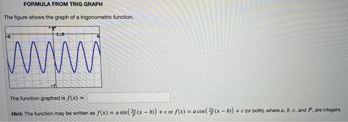 FORMULA FROM TRIG GRAPH
The figure shows the graph of a trigonometric function.
WWw
The function graphed is f(x) =
Hint: The function may be written as f(x) = a sin( (x - b) +c or f(x) = a cos((x - b) + c (or both), where a, b, c, and P, are integers.
%3D
