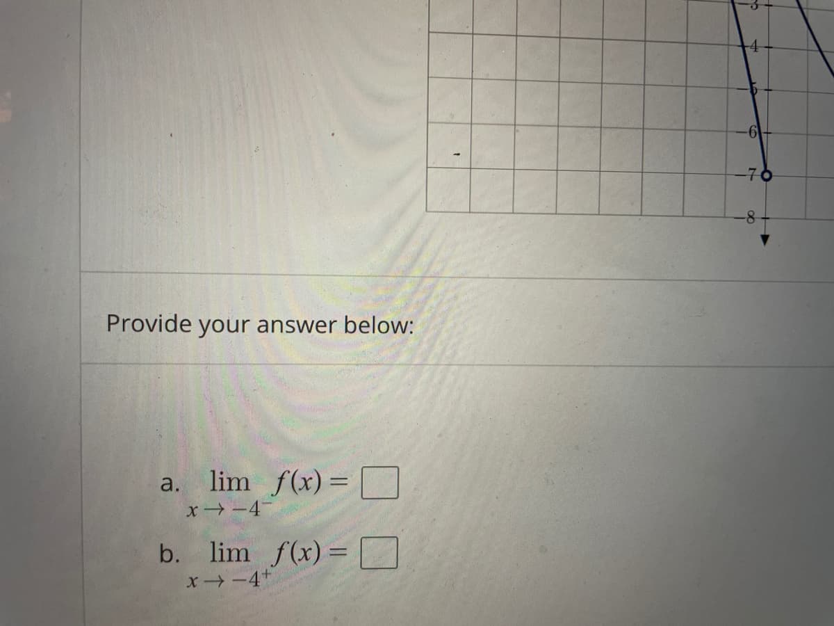 -4
-76
-8
Provide your answer below:
a. lim f(x) =
x-4
b. lim f(x) =
%3D
x -4+
