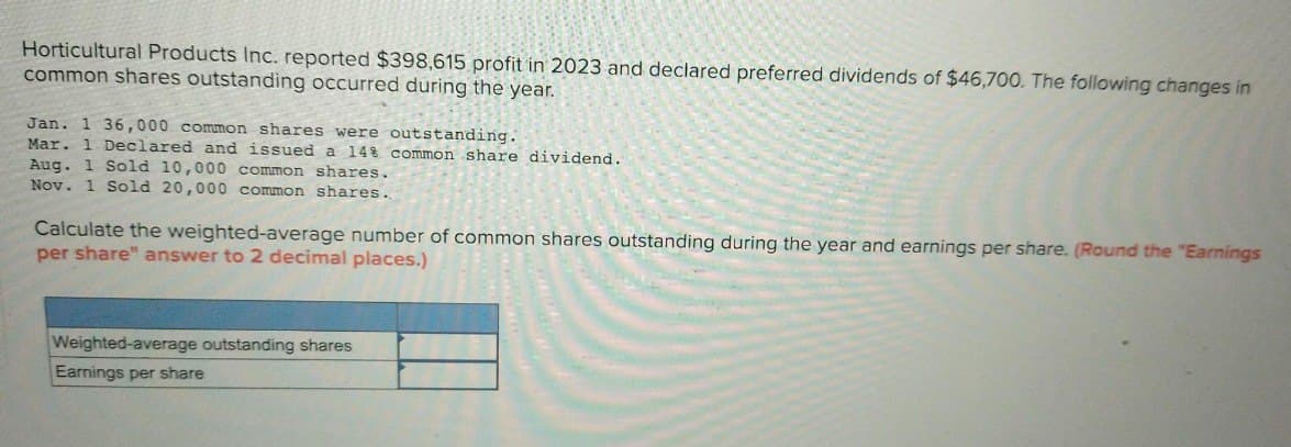 Horticultural Products Inc. reported $398,615 profit in 2023 and declared preferred dividends of $46,700. The following changes in
common shares outstanding occurred during the year.
Jan. 1 36,000 common shares were outstanding.
Mar. 1 Declared and issued a 14% common share dividend.
Aug. 1 Sold 10,000 common shares.
Nov. 1 Sold 20,000 common shares.
Calculate the weighted-average number of common shares outstanding during the year and earnings per share. (Round the "Earnings
per share" answer to 2 decimal places.)
Weighted-average outstanding shares
Earnings per share