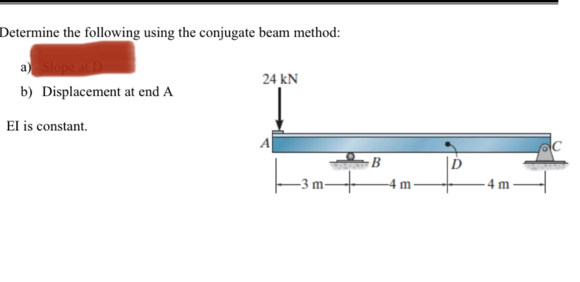 Determine the following using the conjugate beam method:
a) Slope at D
b) Displacement at end A
EI is constant.
24 kN
-3 m-
B
-4 m
4 m