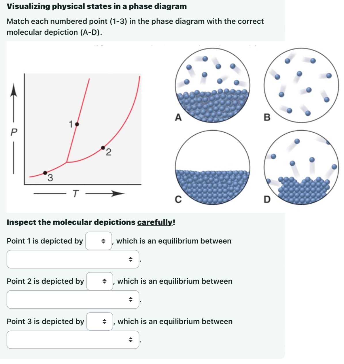 Visualizing physical states in a phase diagram
Match each numbered point (1-3) in the phase diagram with the correct
molecular depiction (A-D).
P
3
1
T
Point 2 is depicted by
2
Point 3 is depicted by
Inspect the molecular depictions carefully!
Point 1 is depicted by
A
D
C
◆ which is an equilibrium between
which is an equilibrium between
→ which is an equilibrium between
B
D