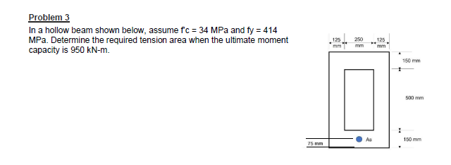 Problem 3
In a hollow beam shown below, assume fc = 34 MPa and fy = 414
MPa. Determine the required tension area when the ultimate moment
capacity is 950 kN-m.
75 mm
125
mm
250 125
mm
H
As
I
150 mm
500 mm
150 mm