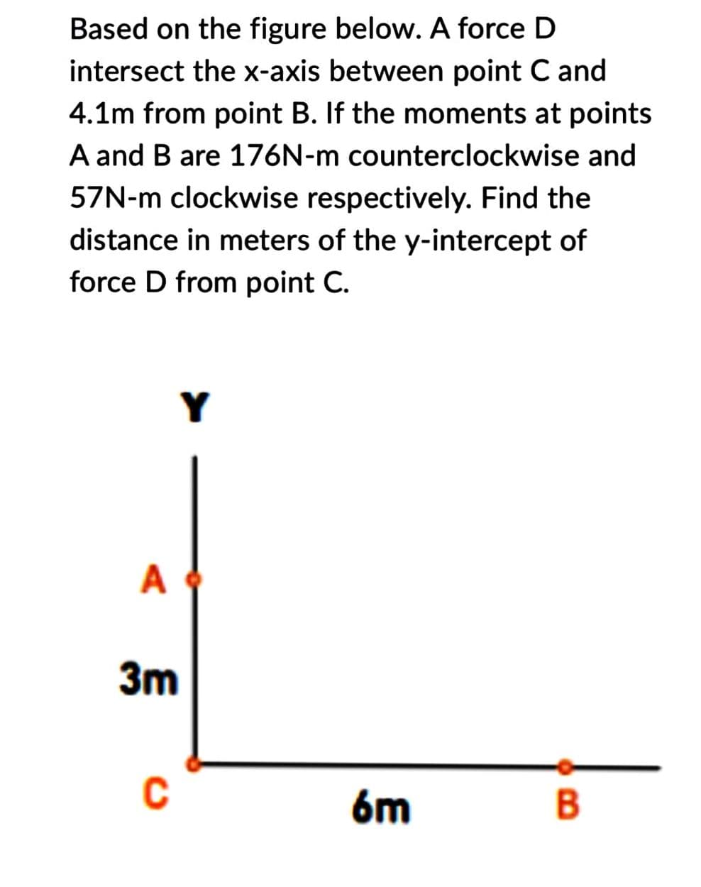 Based on the figure below. A force D
intersect the x-axis between point C and
4.1m from point B. If the moments at points
A and B are 176N-m counterclockwise and
57N-m clockwise respectively. Find the
distance in meters of the y-intercept of
force D from point C.
A
3m
C
6m
B