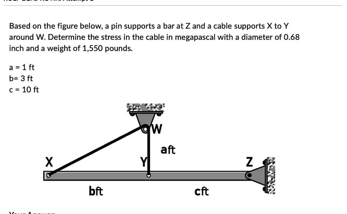 Based on the figure below, a pin supports a bar at Z and a cable supports X to Y
around W. Determine the stress in the cable in megapascal with a diameter of 0.68
inch and a weight of 1,550 pounds.
a =
= 1 ft
b= 3 ft
c = 10 ft
X
bft
Y
W
aft
cft
Z