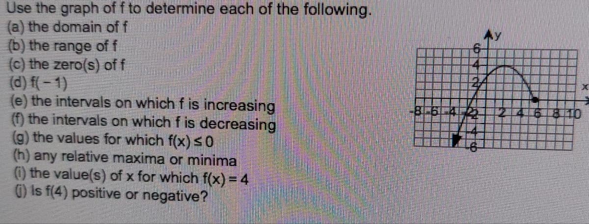 Use the graph of \( f \) to determine each of the following:

(a) the domain of \( f \)

(b) the range of \( f \)

(c) the zero(s) of \( f \)

(d) \(f(-1)\)

(e) the intervals on which \( f \) is increasing

(f) the intervals on which \( f \) is decreasing

(g) the values for which \( f(x) \leq 0 \)

(h) any relative maxima or minima

(i) the value(s) of \( x \) for which \( f(x) = -4 \)

(j) Is \( f(4) \) positive or negative?

### Explanation of the Graph:

The graph of \( f \) appears to be a parabola that opens downwards. The vertex of the parabola indicates the maximum value of the function. The x-axis ranges from -10 to 10, while the y-axis ranges from -6 to 6.

### Detailed Description:

- **Domain** refers to all possible input values (x-values) for the function \( f \).
- **Range** refers to all possible output values (y-values) for the function \( f \).
- **Zeros of \( f \)** are the x-values where \( f(x) = 0 \), meaning where the graph intersects the x-axis.
- **\( f(-1) \)** is the y-value when \( x = -1 \).
- **Intervals of increase** are the x-values where the function is increasing as you move from left to right.
- **Intervals of decrease** are the x-values where the function is decreasing as you move from left to right.
- **Values for which \( f(x) \leq 0 \)** are the x-values where the graph is below or on the x-axis.
- **Relative maxima or minima** are the highest or lowest points in the vicinity of the vertex of the graph.
- **Values of \( x \) for which \( f(x) = -4 \)** are the x-values where the graph intersects the line \( y = -4 \).
- **\( f(4) \)** refers to determining whether the y-value at \( x = 4 \) is positive or negative.

By analyzing the graph, you can determine the specific values for each question.