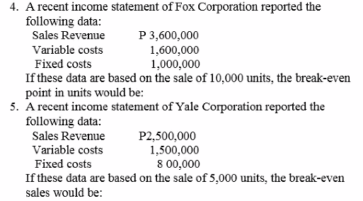 4. A recent income statement of Fox Corporation reported the
following data:
Sales Revenue
P 3,600,000
1,600,000
1,000,000
Variable costs
Fixed costs
If these data are based on the sale of 10,000 units, the break-even
point in units would be:
5. A recent income statement of Yale Corporation reported the
following data:
Sales Revenue
P2,500,000
1,500,000
8 00,000
If these data are based on the sale of 5,000 units, the break-even
Variable costs
Fixed costs
sales would be:
